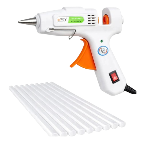 Kit Pistola Cola Quente 20W 7mm + 10 Bastões 30cm Bico Fino Liga Desliga Pronta Uso Artesanato