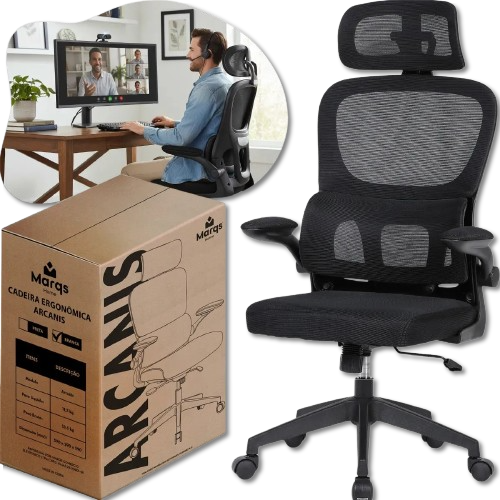 Cadeira Escritório Presidente Ergonômica Arcanis Preto Marqs Home Com Suporte Apoio Lombar Tecido Mesh Premium Resistente Profissional Regulagem Ajuste De Altura