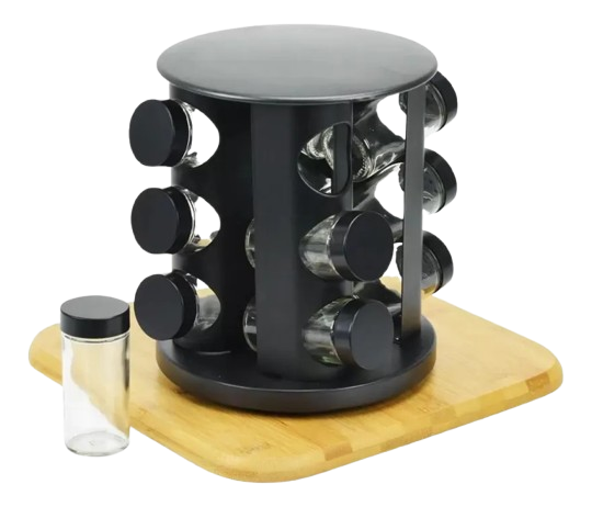 Porta Temperos Giratório Com 9 Potes De Vidro Cor Preto