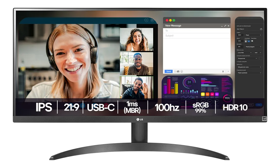 Monitor LG UltraWide™️ - Tela IPS de 29", 21:9, HDR10, sRGB 99%, 100Hz - 29WQ500