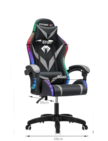 Cadeira Gamer RGB Python Fly com Iluminação Decorativa, Encosto Reclinável, Design Ergonômico para Escritório e Jogos (Cinza)