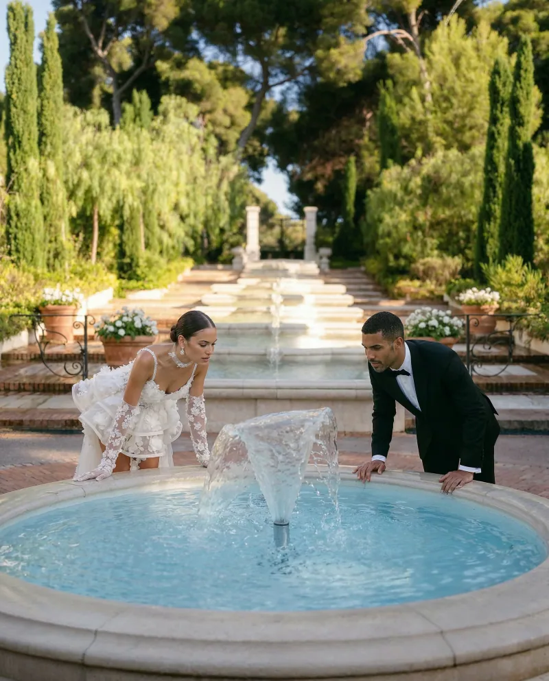 Portrait éditorial de mariés dans les pinèdes du Grand-Hôtel Cap-Ferrat Saint-Jean-Cap-Ferrat — mariage luxe Côte d’Azur