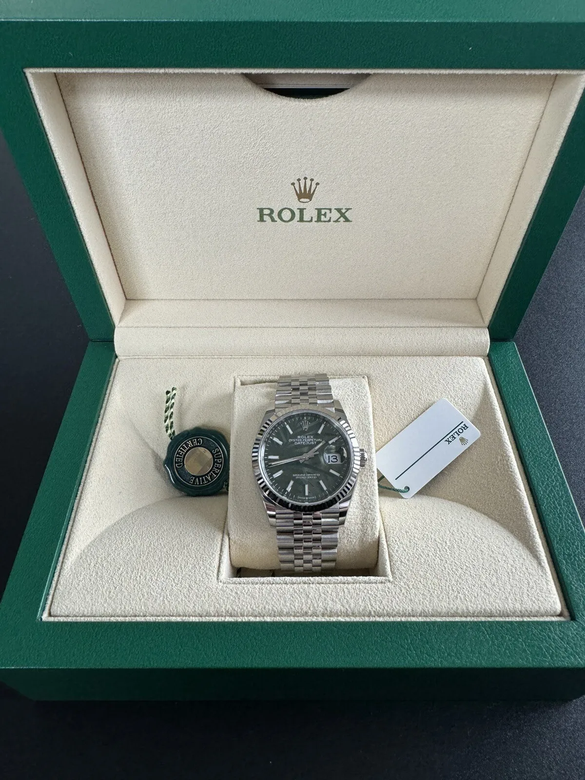 Rolex Datejust 126234 Silver Jubilee Bracelet Fluted Bezel 36mm Green Palm Dial