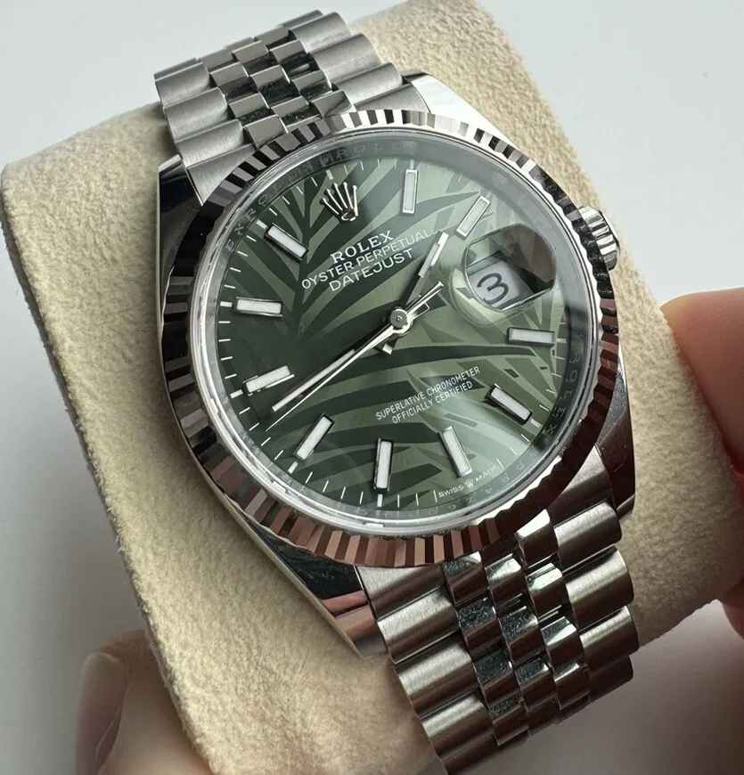 Rolex Datejust 126234 Silver Jubilee Bracelet Fluted Bezel 36mm Green Palm Dial