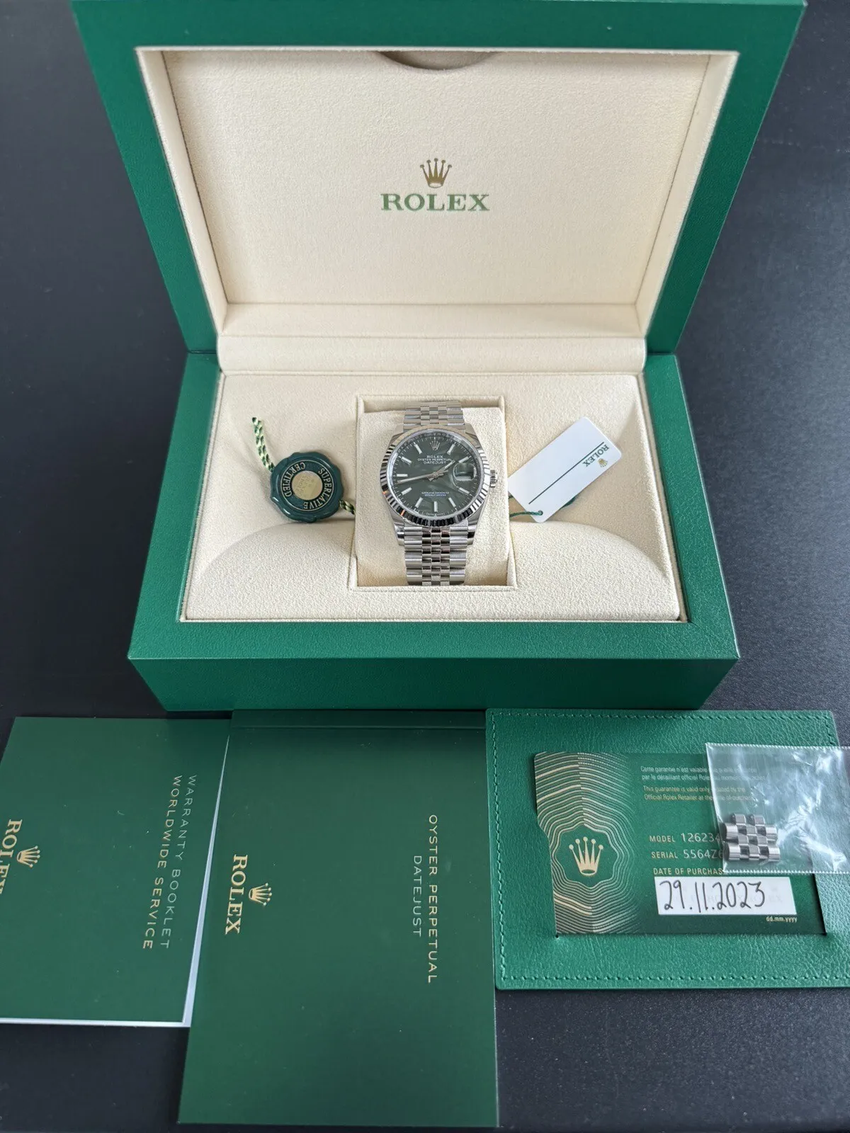 Rolex Datejust 126234 Silver Jubilee Bracelet Fluted Bezel 36mm Green Palm Dial