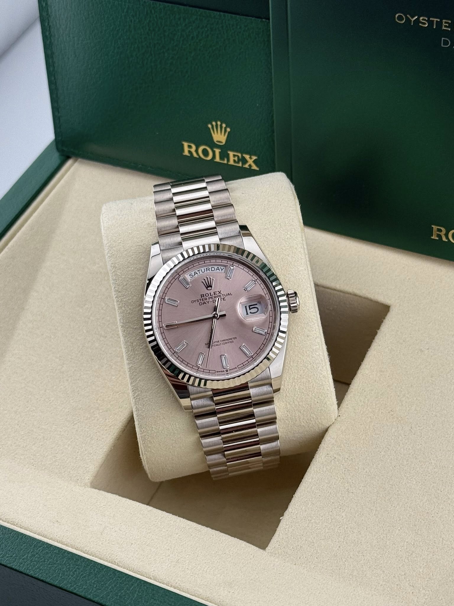 Rolex Daydate 36mm white gold pink baguette dial 128239