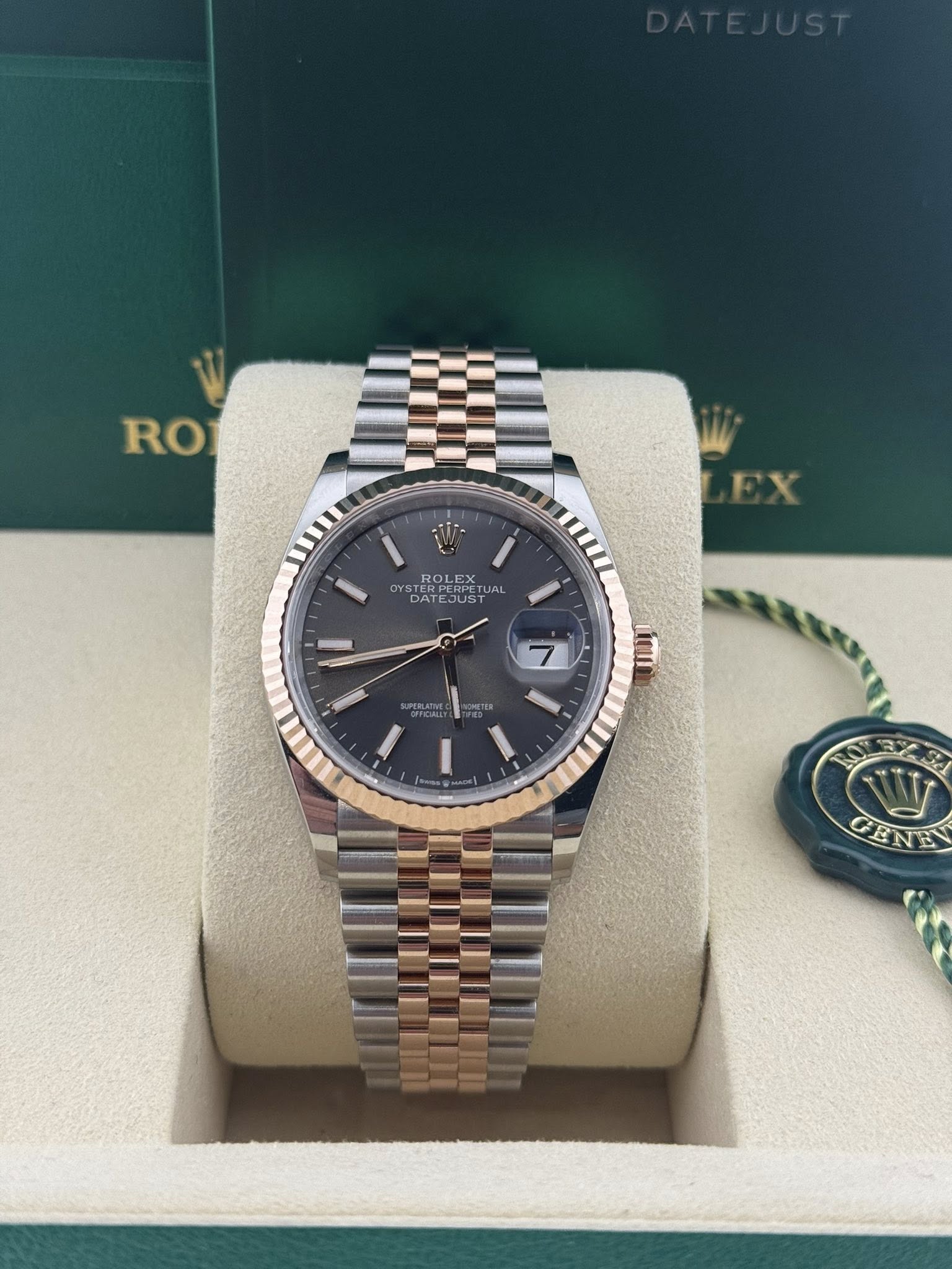 Rolex Datejust 36mm Everose Gold Fluted Bezel Dark Rhodium Index Dial Jubilee (126231)