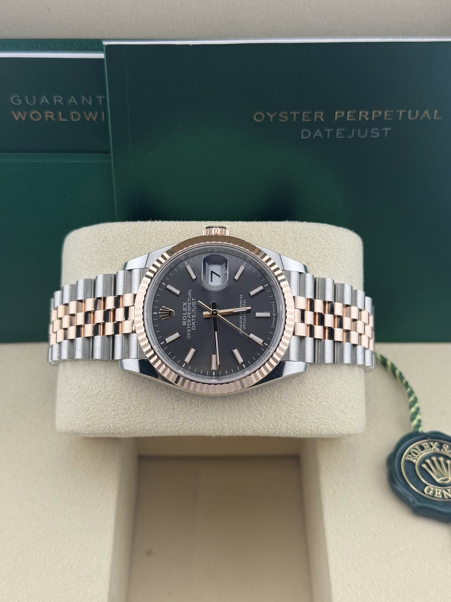 Rolex Datejust 36mm Everose Gold Fluted Bezel Dark Rhodium Index Dial Jubilee (126231)
