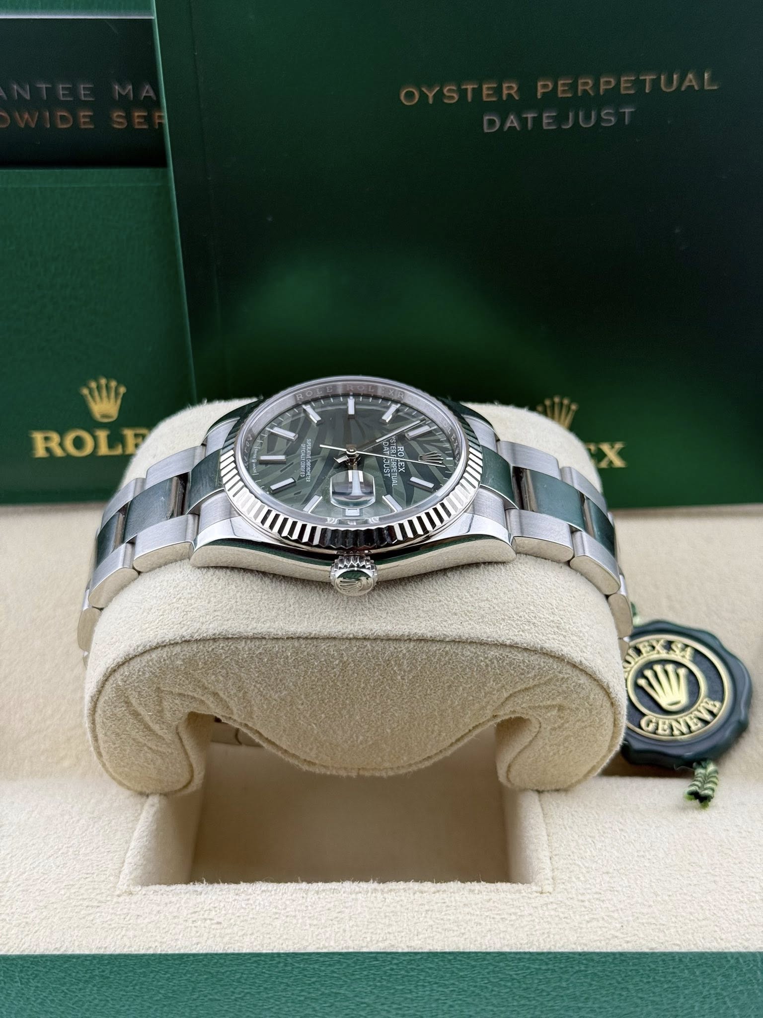 Rolex Datejust 36mm Stainless Steel Watch 126234 Green Palm Index Dial