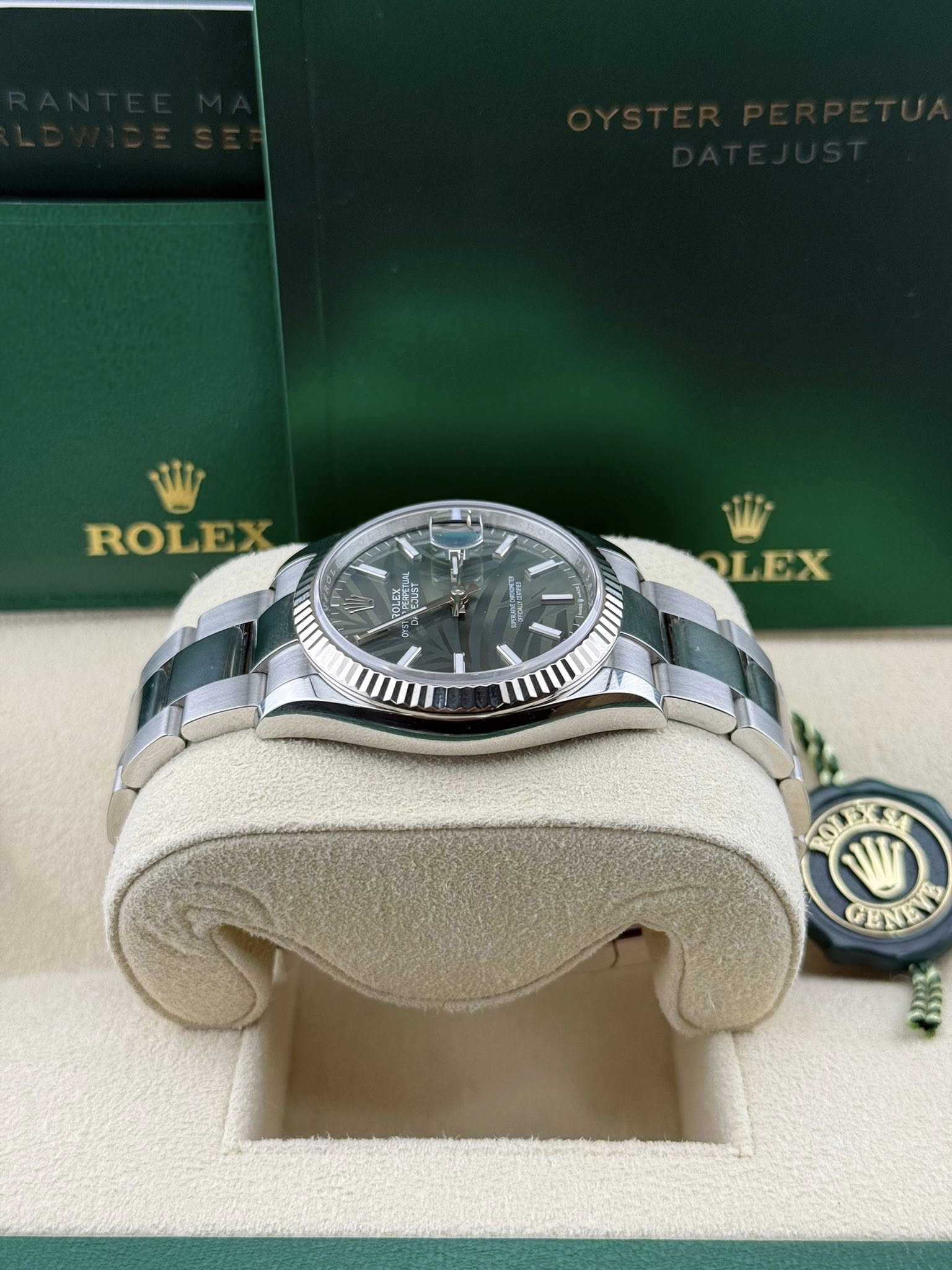 Rolex Datejust 36mm Stainless Steel Watch 126234 Green Palm Index Dial