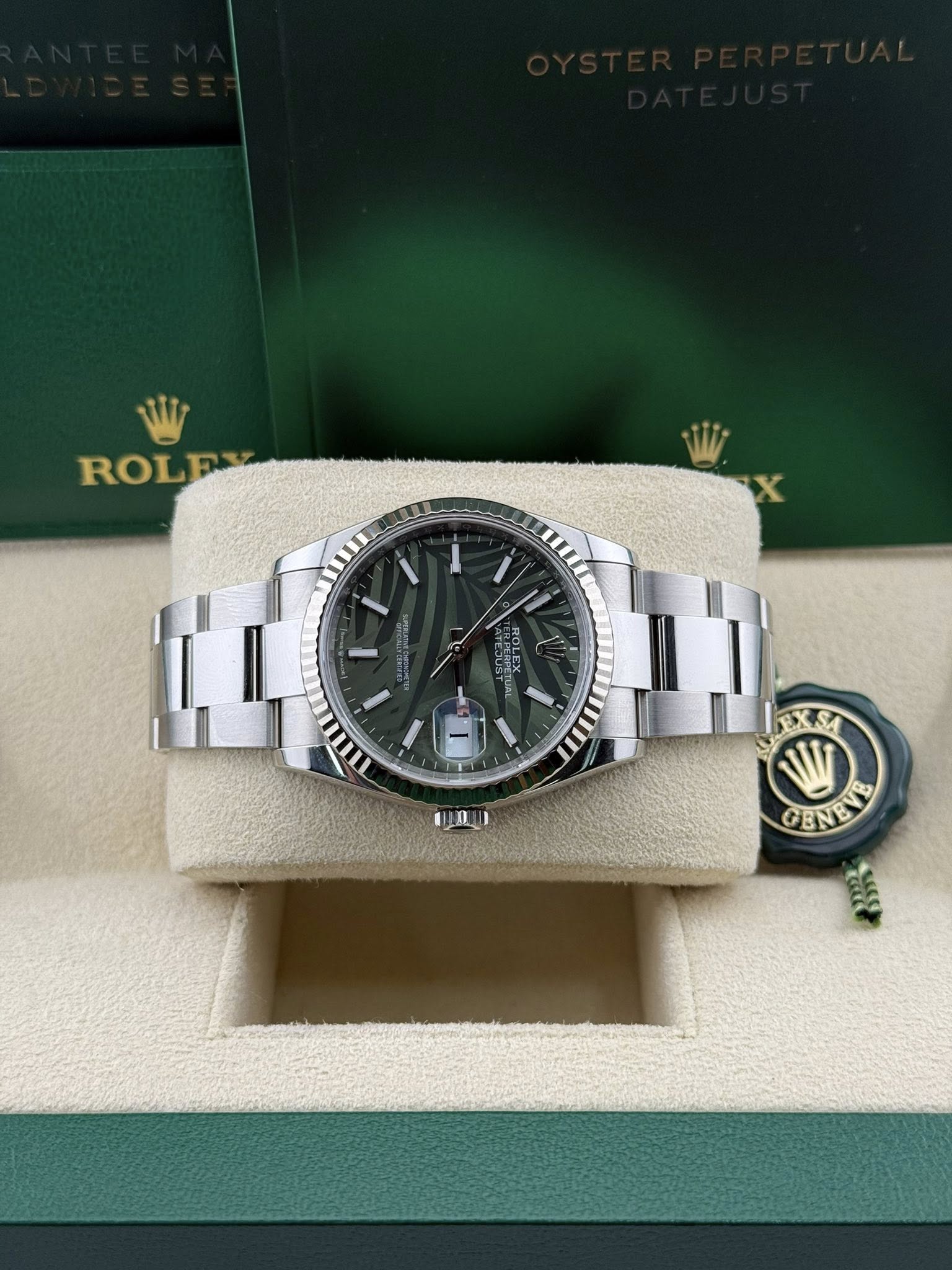 Rolex Datejust 36mm Stainless Steel Watch 126234 Green Palm Index Dial