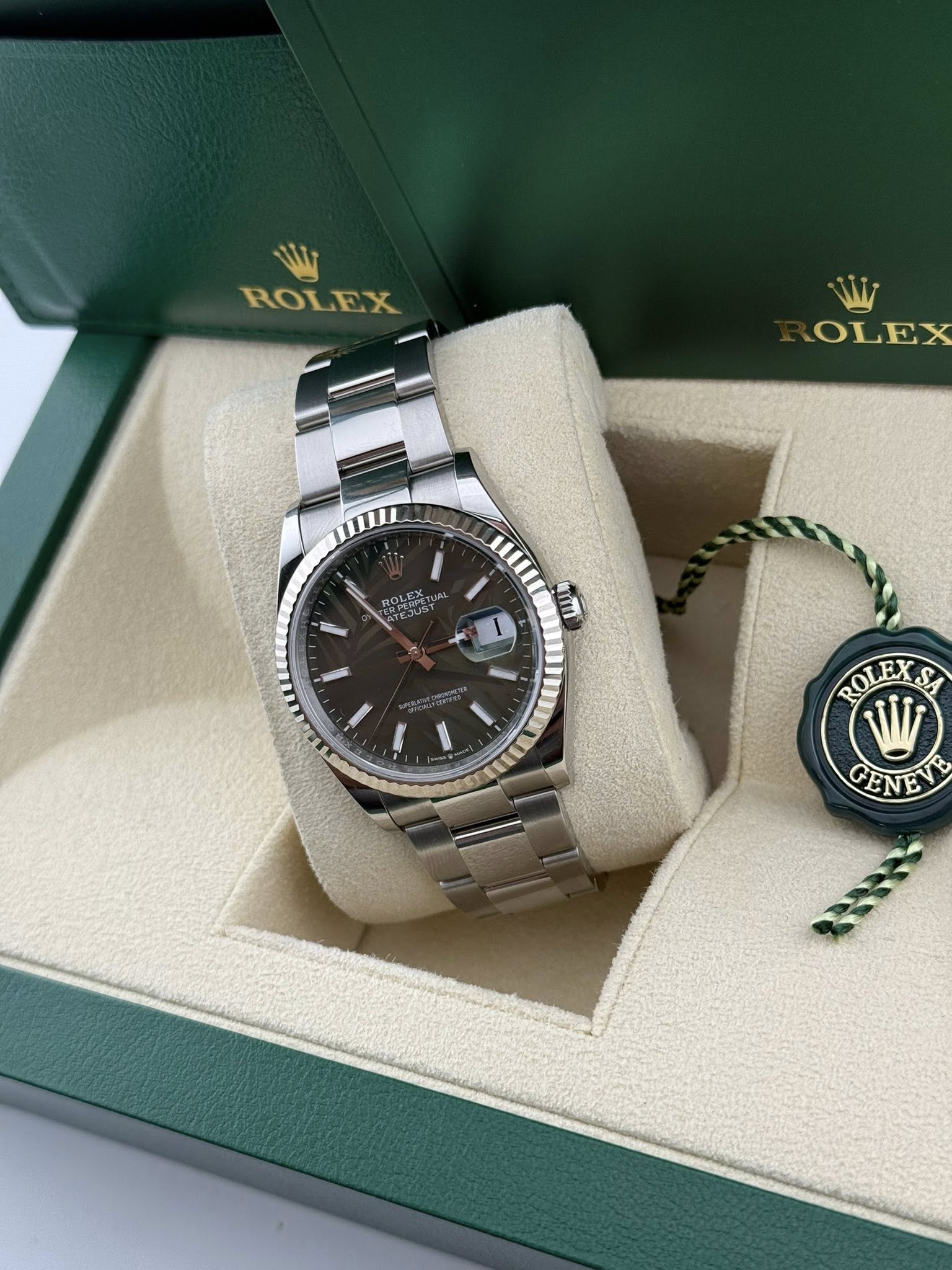Rolex Datejust 36mm Stainless Steel Watch 126234 Green Palm Index Dial