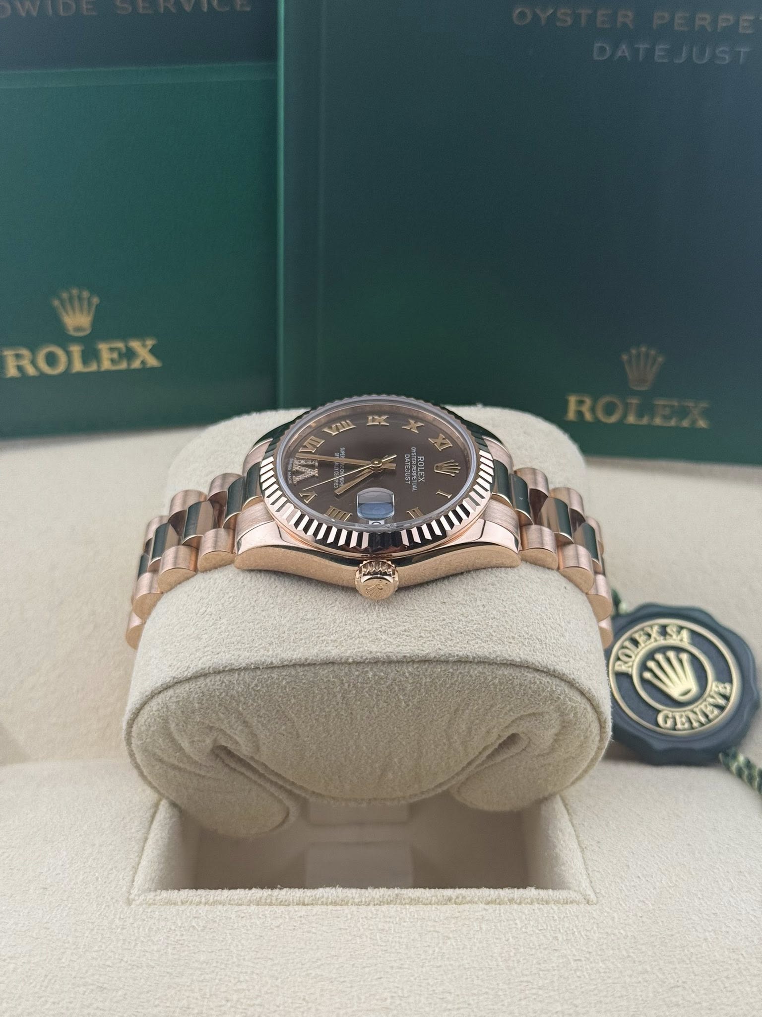 Rolex Datejust President 31mm 178275 18K Rose Gold Black Roman Dial Ladies