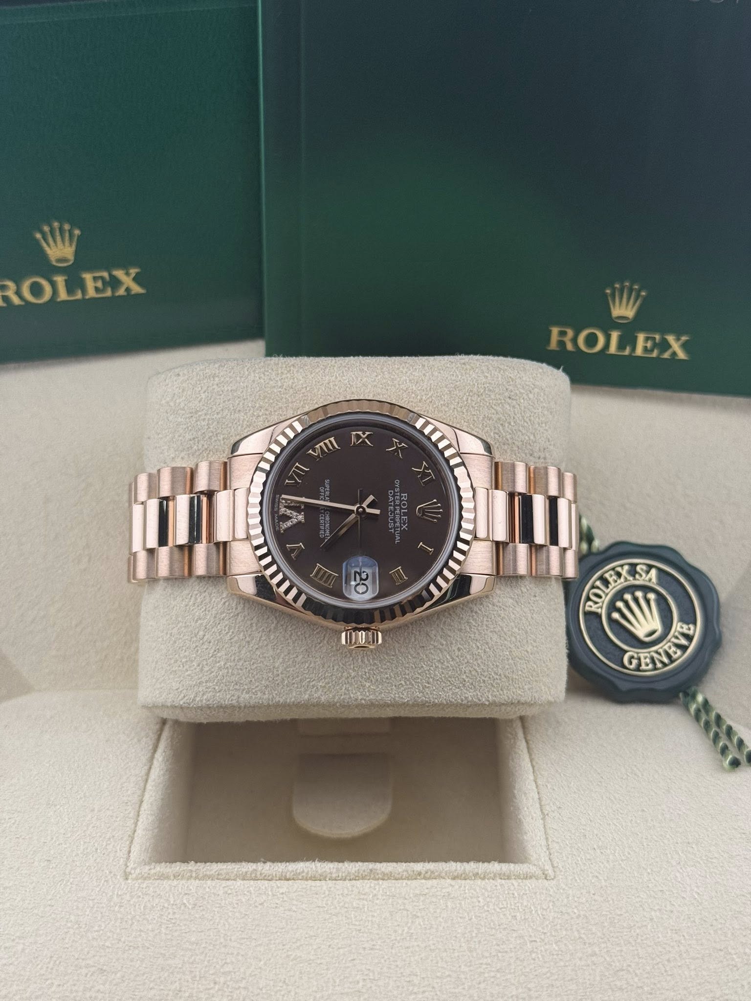 Rolex Datejust President 31mm 178275 18K Rose Gold Black Roman Dial Ladies