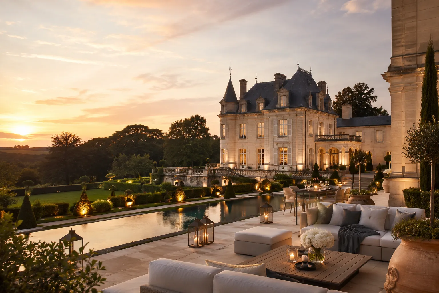 Prestigious French château with contemporary outdoor living spaces, reflecting luxury real estate, Slow Luxury, generational wealth preservation, and lifestyle investment.