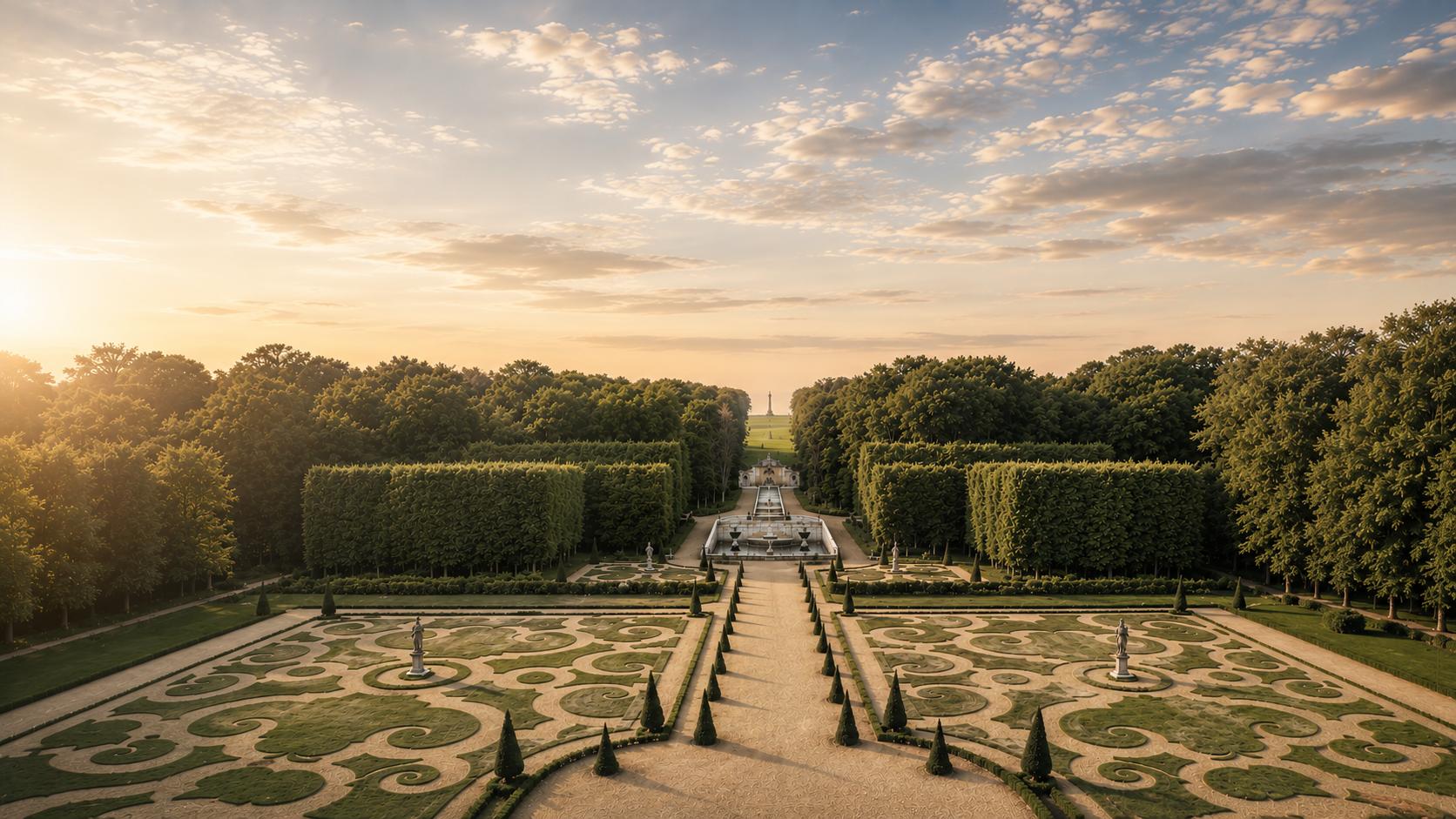 Historic French château gardens and landscaped estate at sunset representing luxury investments, wealth preservation, and heritage real estate