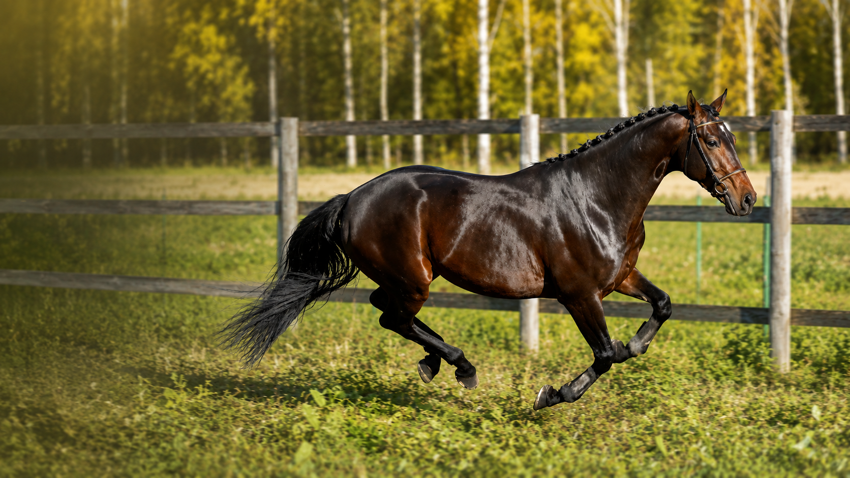 Exceptional sport horse running across a private equestrian estate, representing living heritage, luxury investments, and elite bloodlines