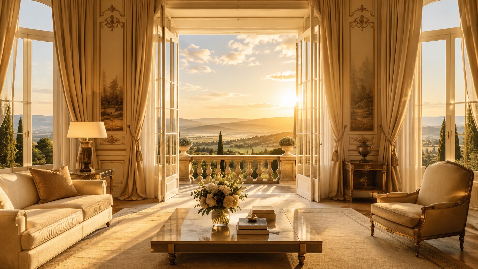 Luxury château interior with panoramic views over a historic estate, representing heritage real estate, luxury investments, and long-term wealth preservation