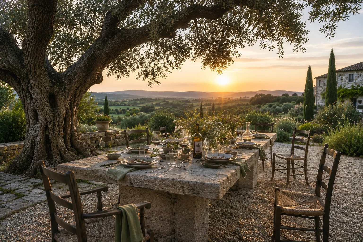 Stone dining table beneath a centuries-old olive tree at sunset, symbolising quality of life, Slow Luxury, shared experiences and luxury real estate investment.