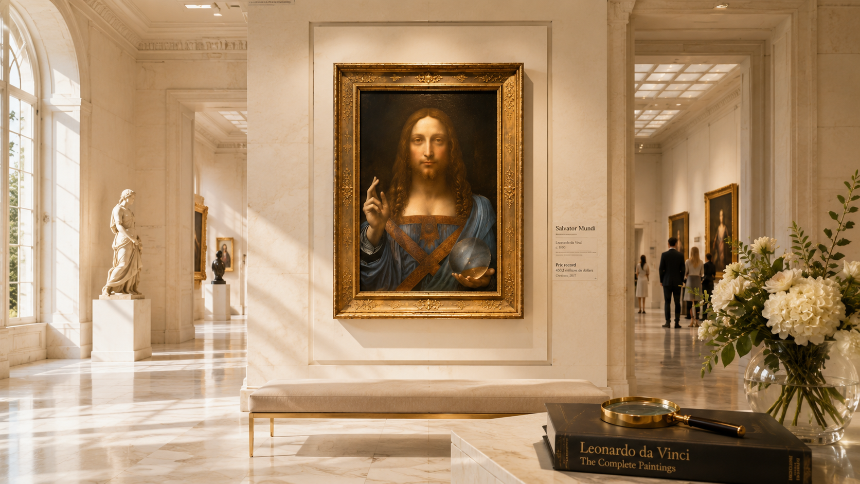 Tableau inspiré du Salvator Mundi de Léonard de Vinci exposé dans une galerie muséale prestigieuse, symbole de la valeur exceptionnelle et de l'investissement dans l'art de collection.