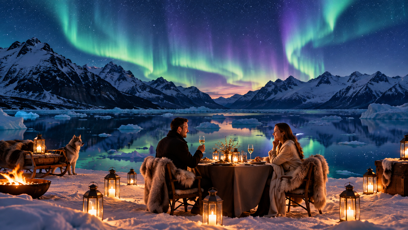 Couple dînant sous les aurores boréales en Alaska, symbole du luxe expérientiel et des expériences rares