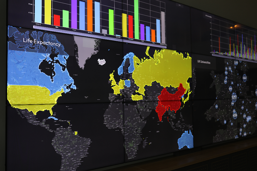 maps and data visualizations on video wall