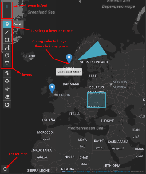 add, edit markers, polygons, polylines etc on map