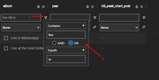 edit filters with search strings and logical operators