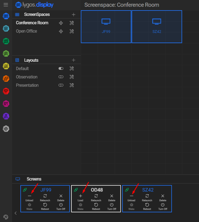 Load unload lygos screens from video wall