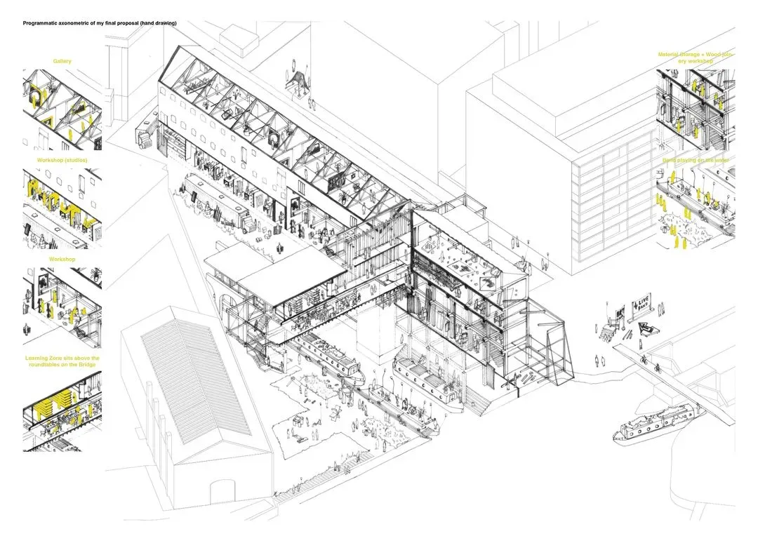 Programmatic axonometric of my final proposal (hand drawing), image 1