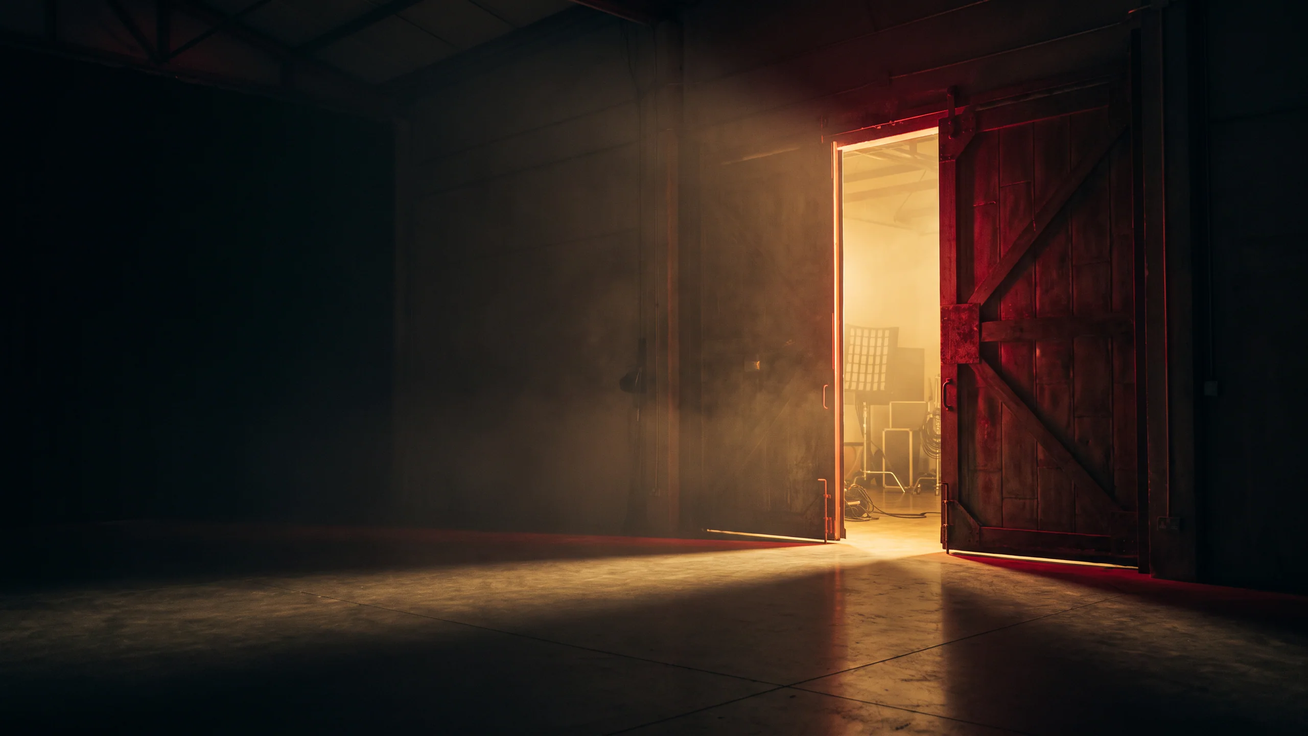 Tall studio doors standing ajar at night, warm light spilling through the gap.