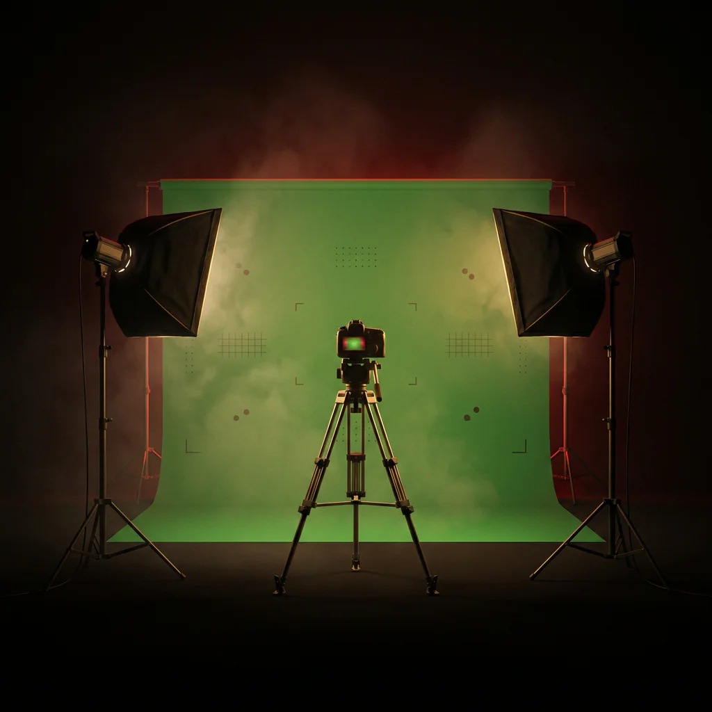 Illustration of a planned green-screen production bay. Not a photograph of the centre.