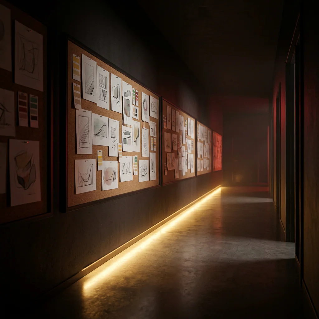 Illustration of a planned corridor & notice wall. Not a photograph of the centre.