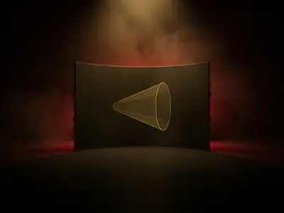 A curved LED volume wall showing a landscape, with a camera rig silhouette and a visible frustum.