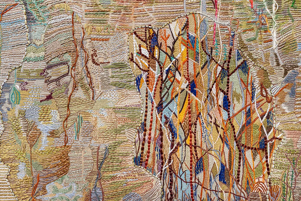 Galleria, 2023, вышивка шелковыми нитями на шелковом холсте с картонной рамой, 160 × 240 см без рамки, 176 × 256 см с рамкой. Фото: Ela Bialkowska, OKNO Studio. Предоставлено художницей и Galleria Continua.