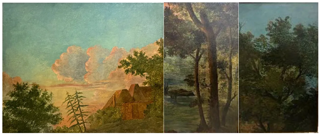 Слева направо: Поль Сезанн, «Ферма» © Louis Blancard, Blok Design Group & Art Digital Studio, Sotheby’s;  Поль Сезанн, «Деревья на берегу реки» © Louis Blancard, Blok Design Group & Art Digital Studio, Sotheby’s;  Поль Сезанн, «Небо между деревьями» © Louis Blancard, Blok Design Group & Art Digital Studio, Sotheby’s.