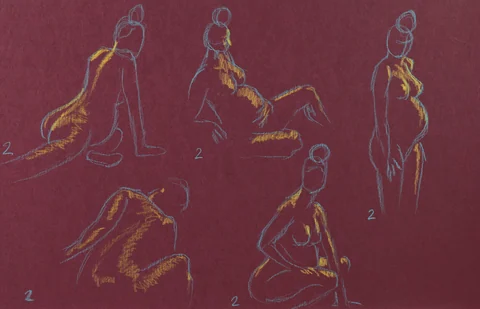 Gesture sheet, 5 poses by Riley Adamson