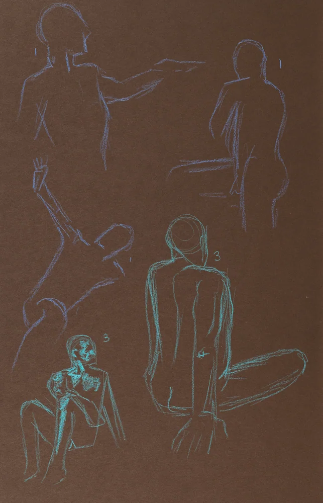 Gesture sheet, 5 poses by Riley Adamson