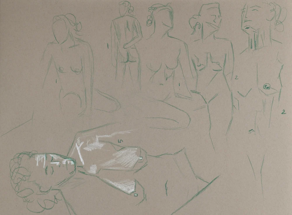 Gesture sheet, 7 poses by Riley Adamson