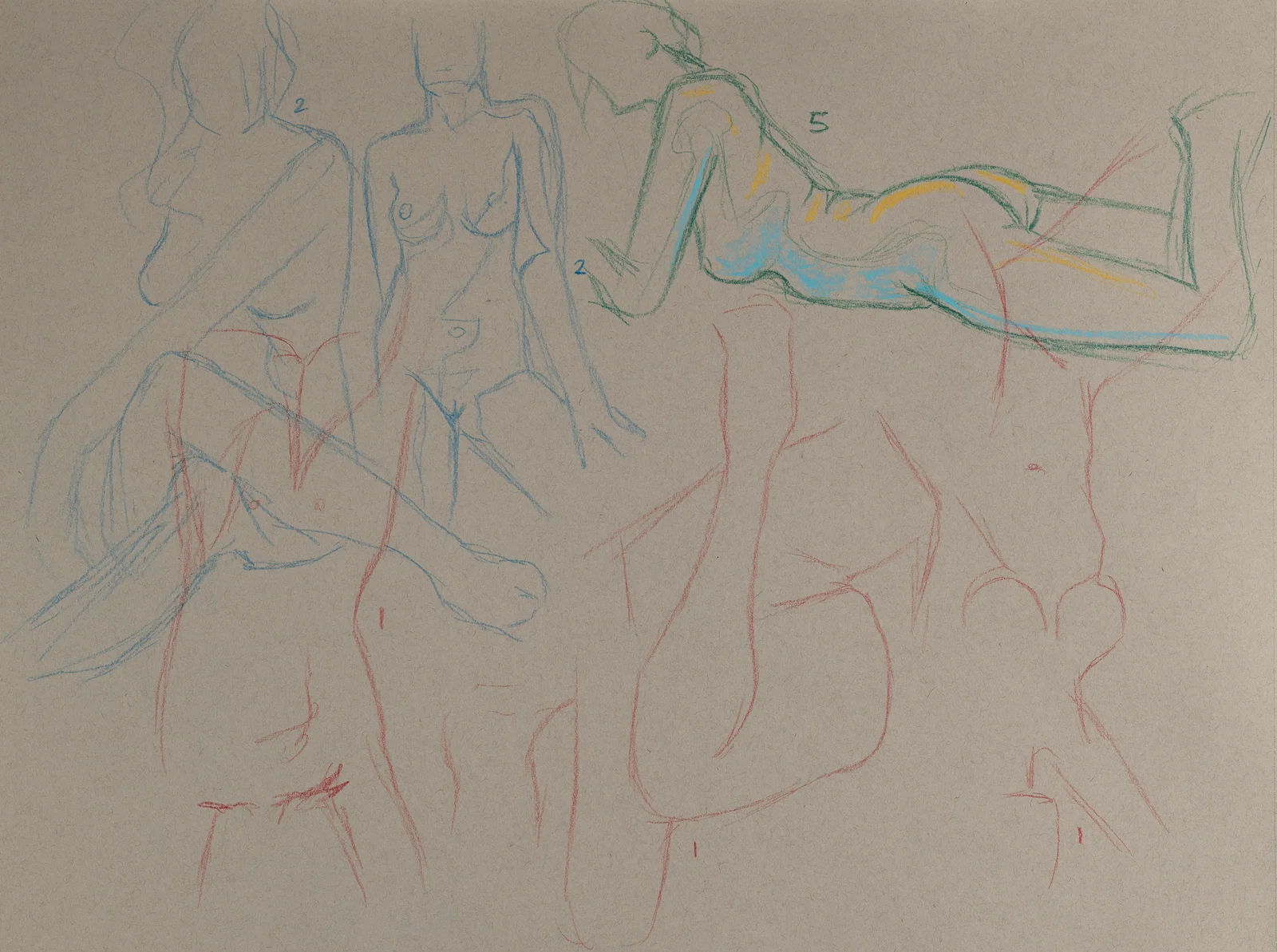 Gesture sheet, 5 poses by Riley Adamson