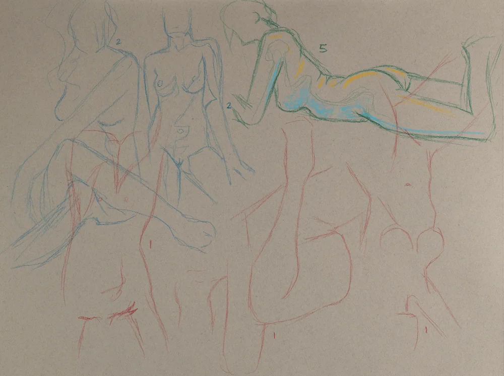 Gesture sheet, 5 poses by Riley Adamson
