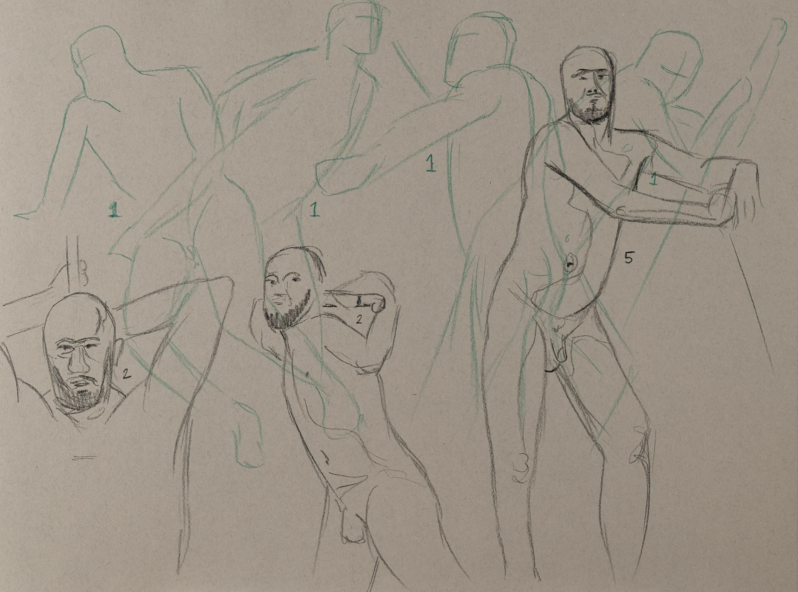 Gesture sheet, 5 poses by Riley Adamson