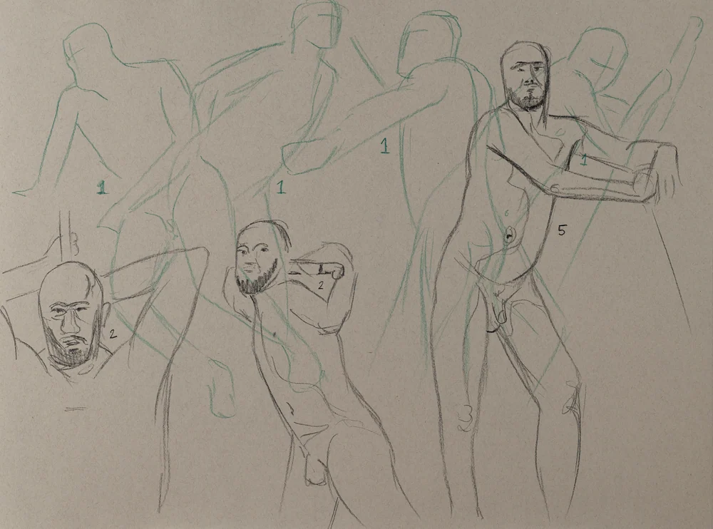 Gesture sheet, 5 poses by Riley Adamson