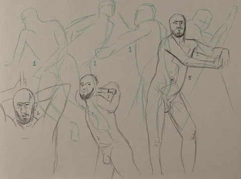 Gesture sheet, 5 poses by Riley Adamson