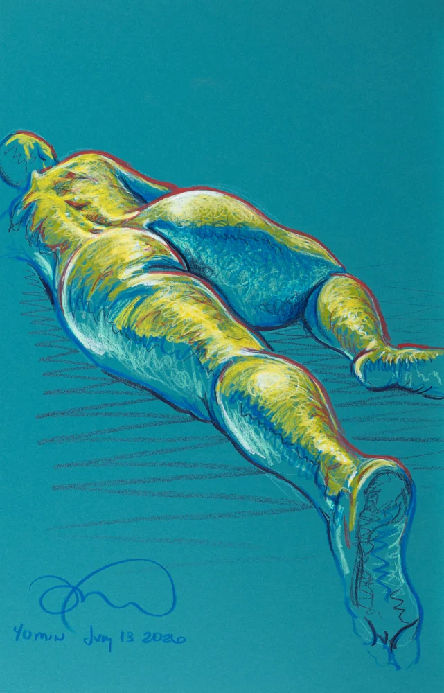 Lying-prone figure, from-below view by Riley Adamson