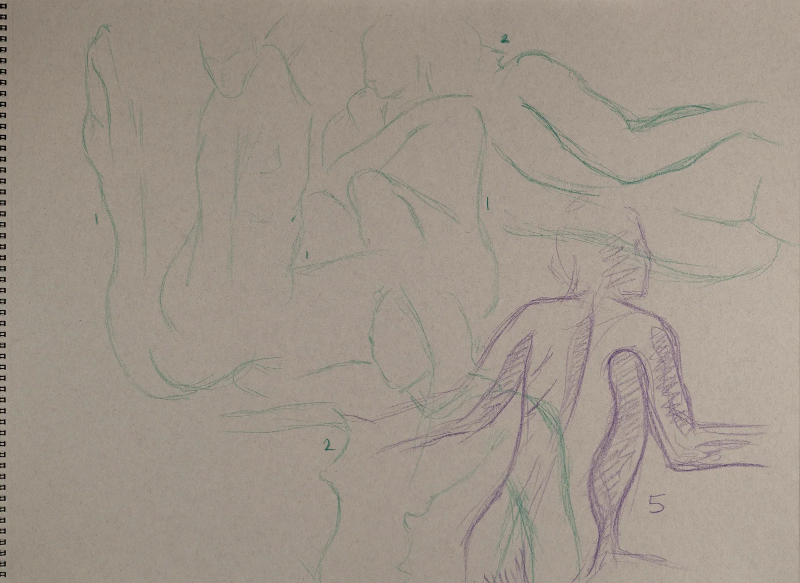 Gesture sheet, 5 poses by Riley Adamson