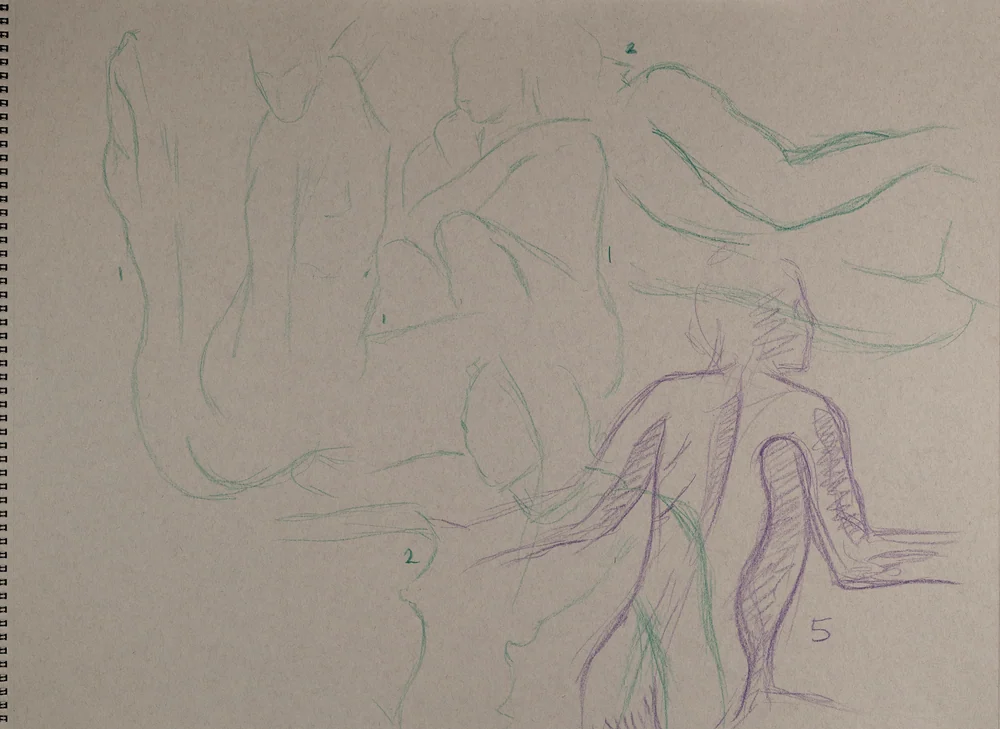 Gesture sheet, 5 poses by Riley Adamson