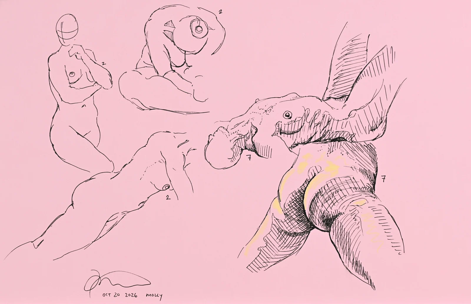 Gesture sheet, 4 poses by Riley Adamson
