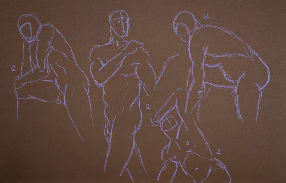 Gesture sheet, 4 poses by Riley Adamson