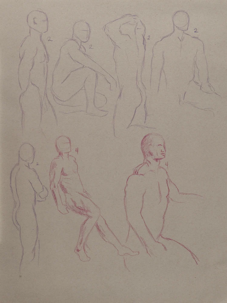 Gesture sheet, 7 poses by Riley Adamson